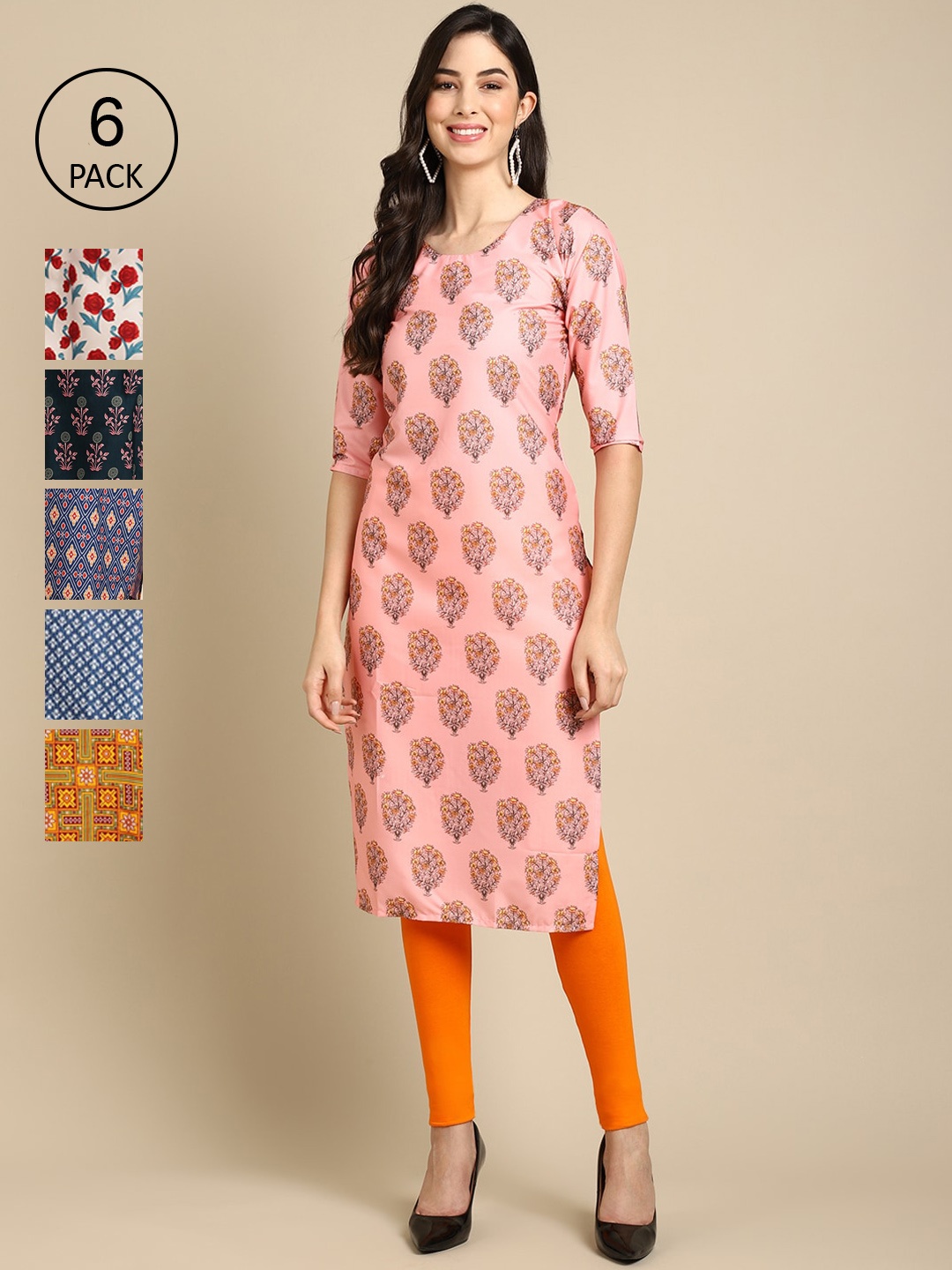 

7Threads Women Multicoloured Pack Of 6 Digital Printed Straight Kurta, Multi