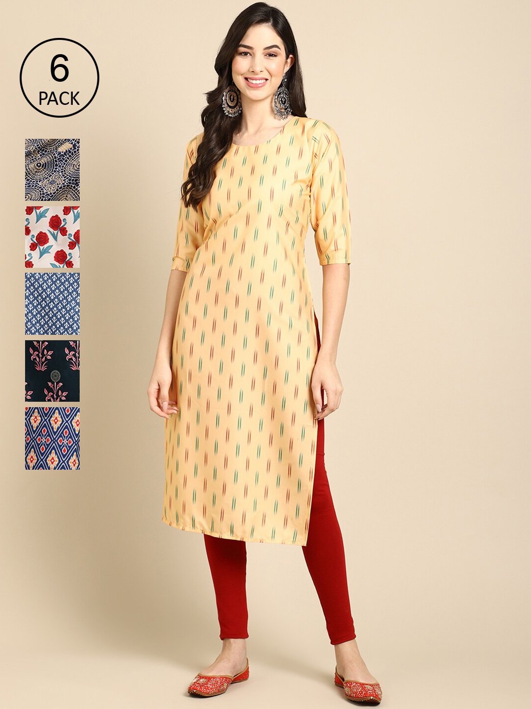 

7Threads Women Pack Of 6 Floral Printed Crepe Kurta, Multi