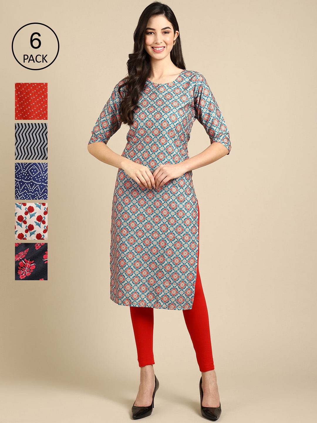 

7Threads Women Blue & Red Pack of 6 Floral Printed Crepe Kurtas