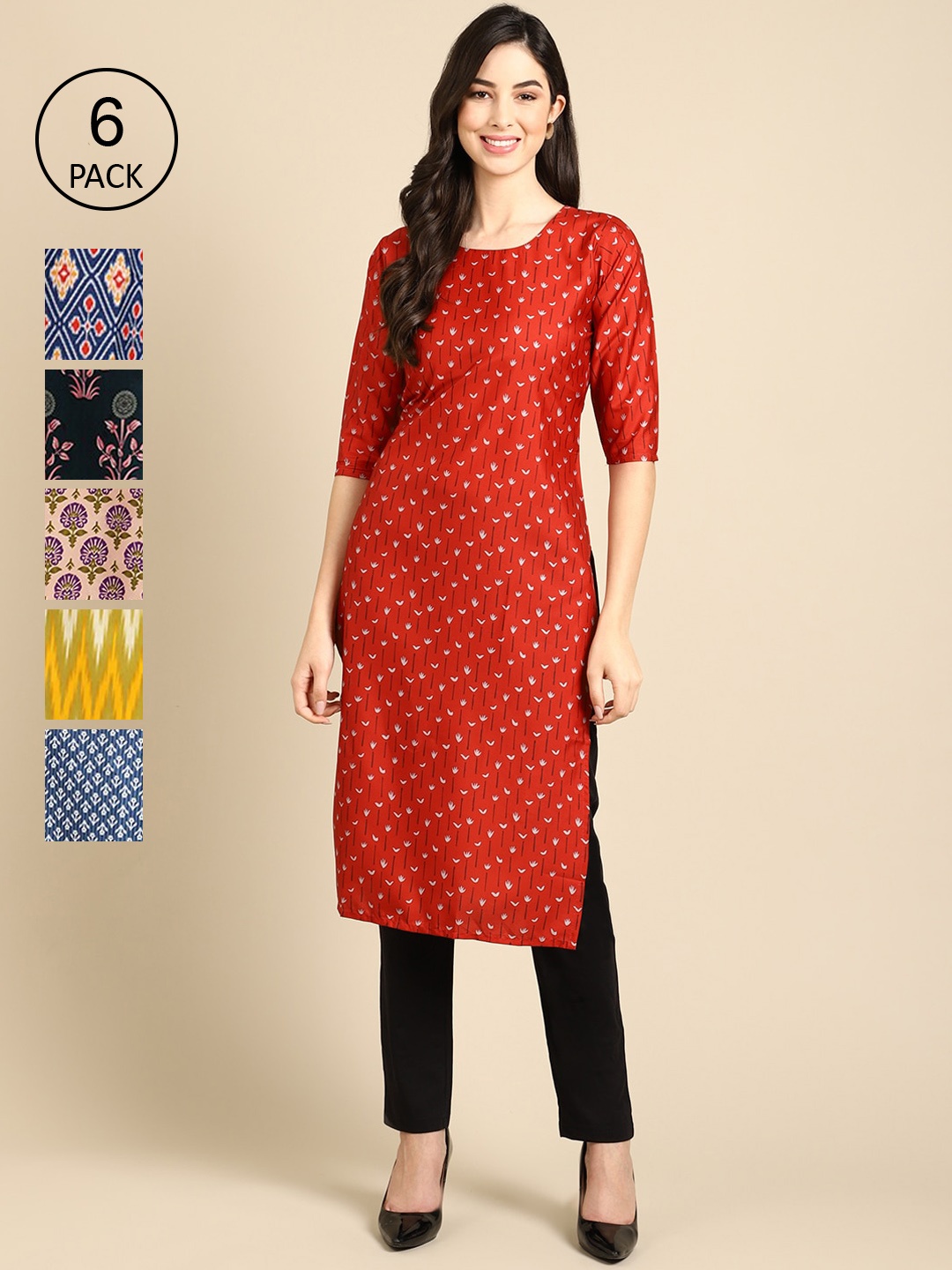 

7Threads Women Pack of 6 Ethnic Motifs Printed Crepe Kurta, Orange
