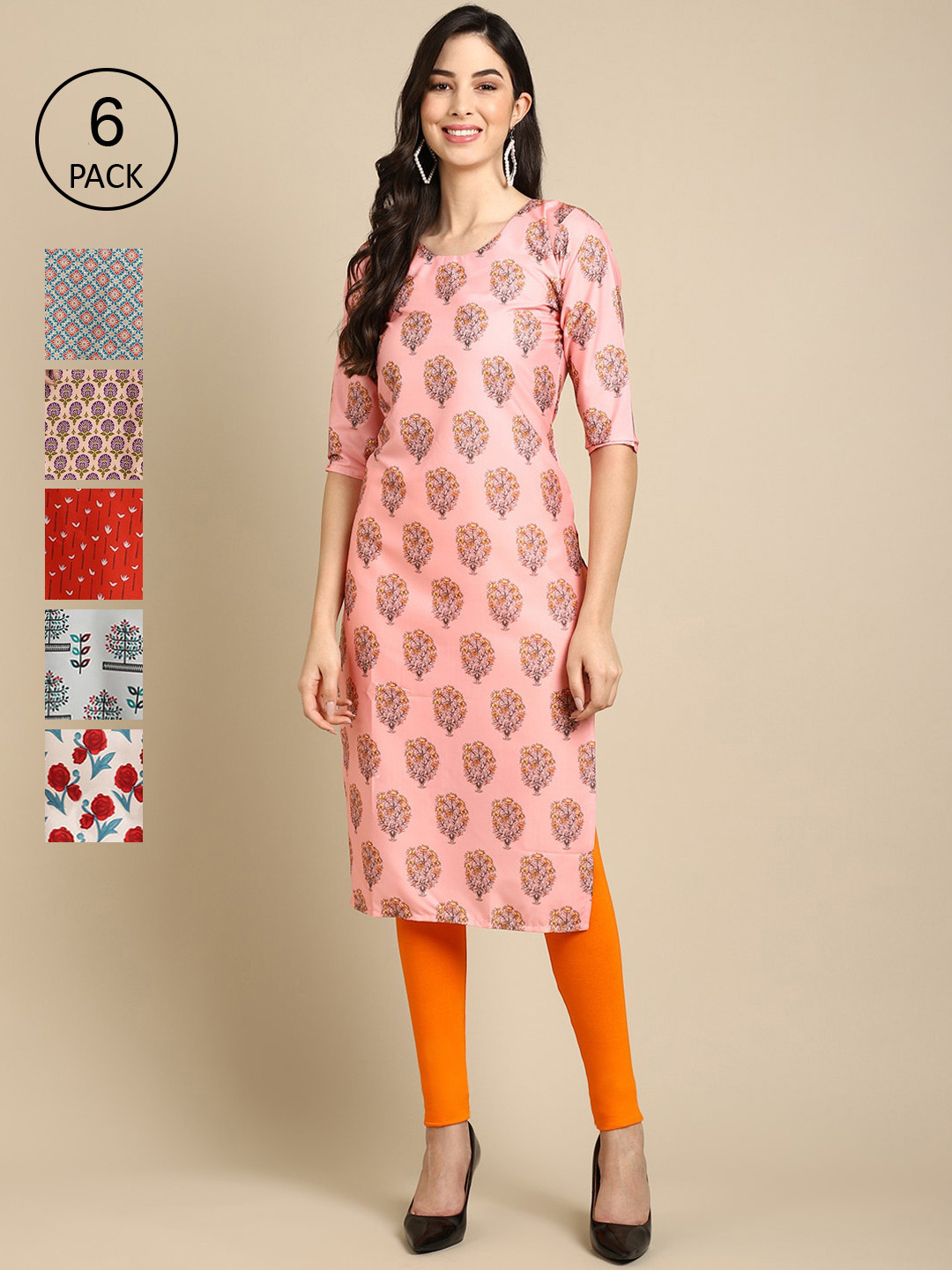 

7Threads Women Pack Of 6 Geometric Printed Crepe Kurta, Pink