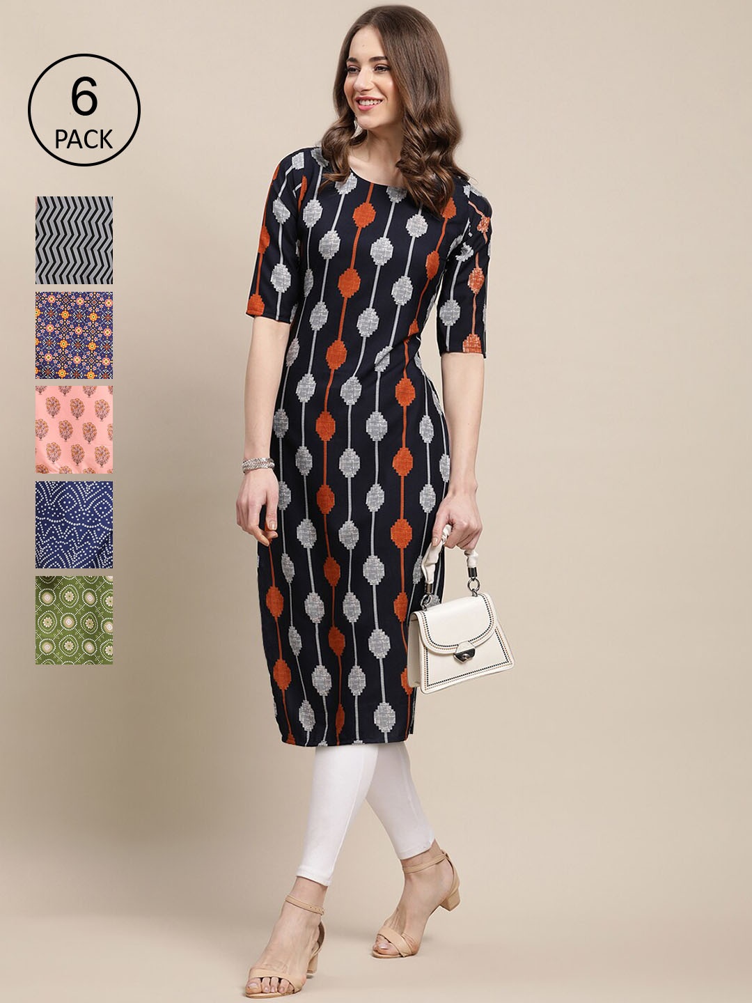 

7Threads Women Pack Of 6 Multicoloured Geometric Printed Crepe Kurta, Multi