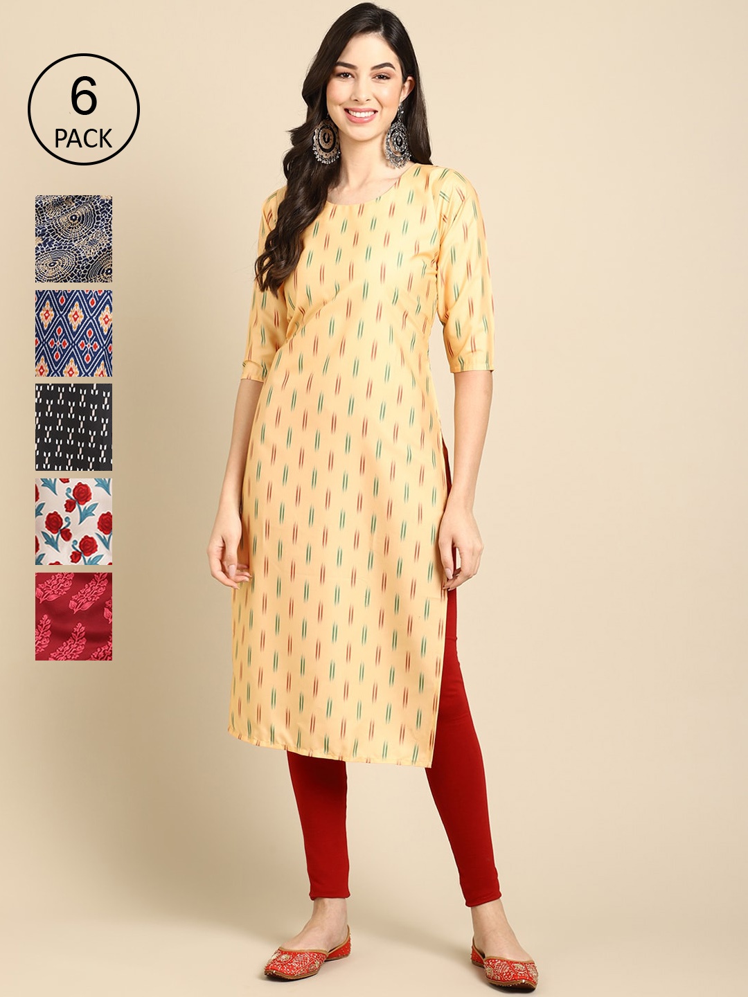 

7Threads Women Yellow And Red Geometric Summer Sheers Crepe Kurta [PACK OF 6]
