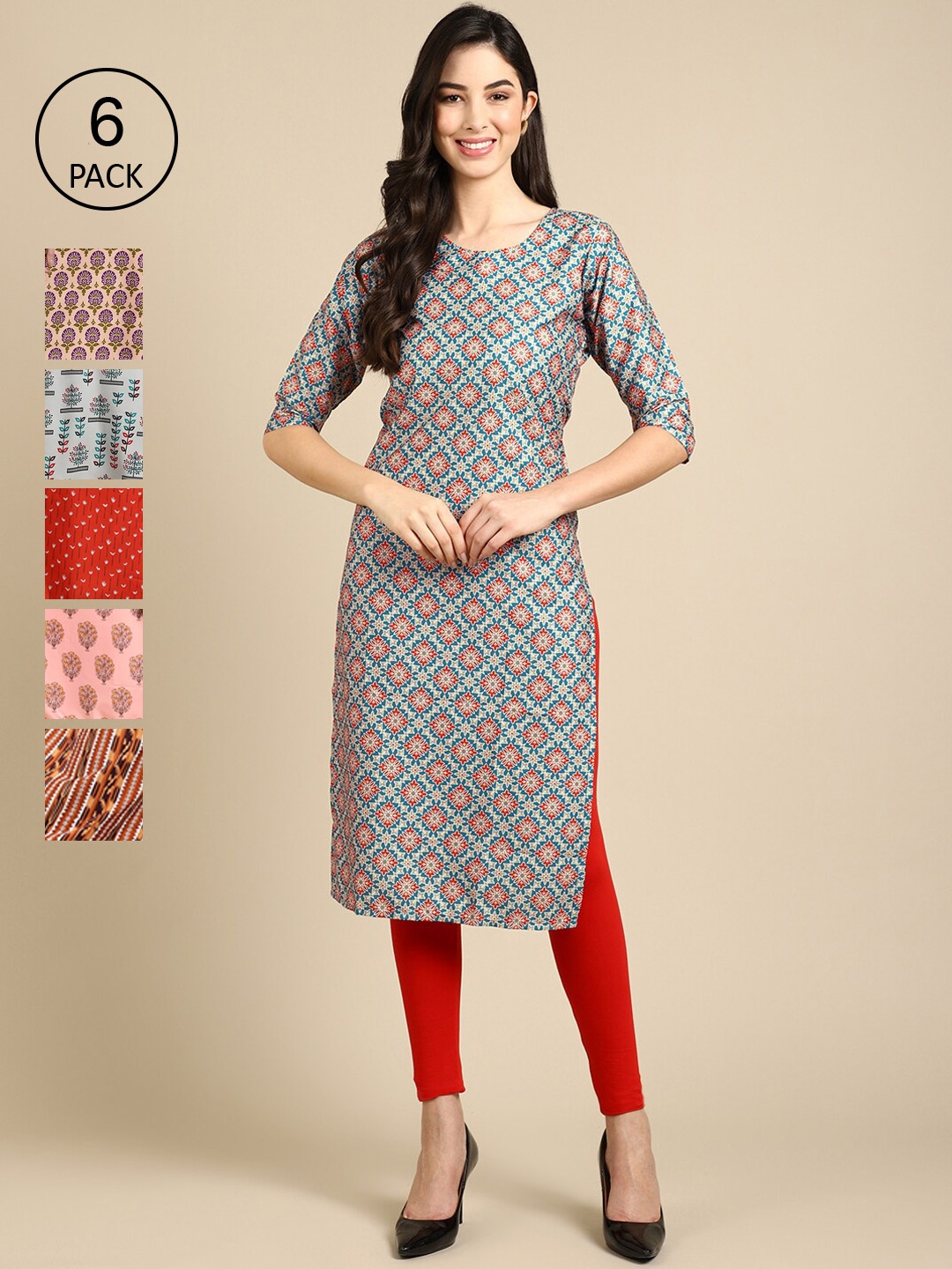 

7Threads Women Pack of 6 Printed Crepe Kurtas, Multi