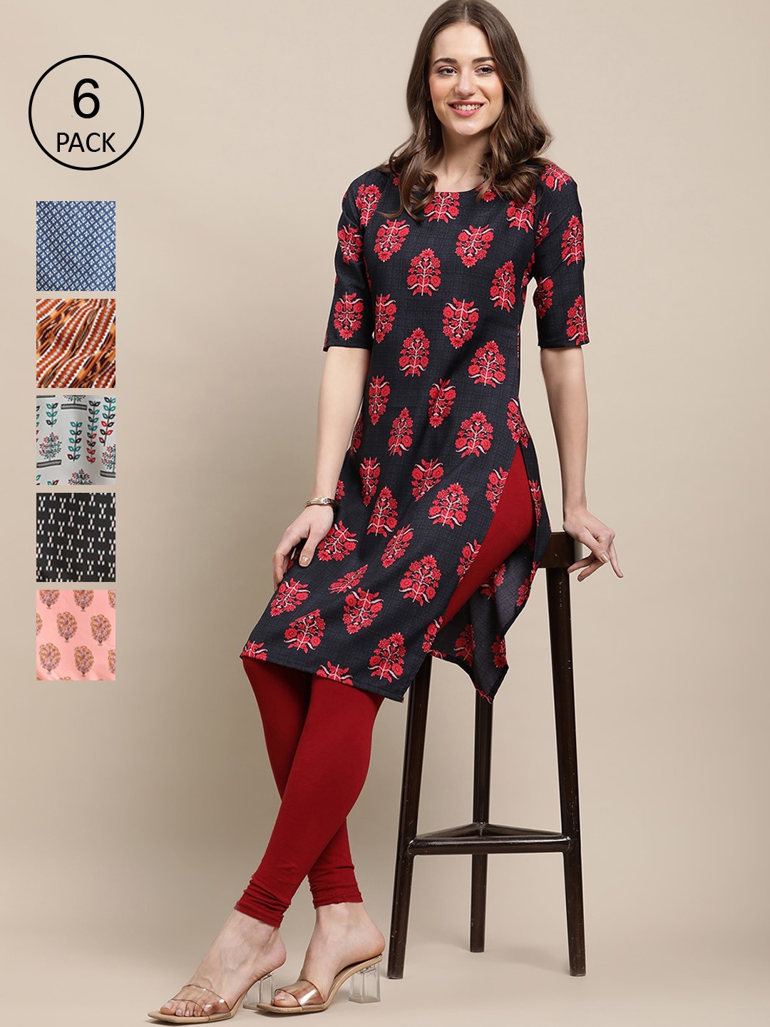 

7Threads Women Pack Of 6 Printed Crepe Kurta, Multi
