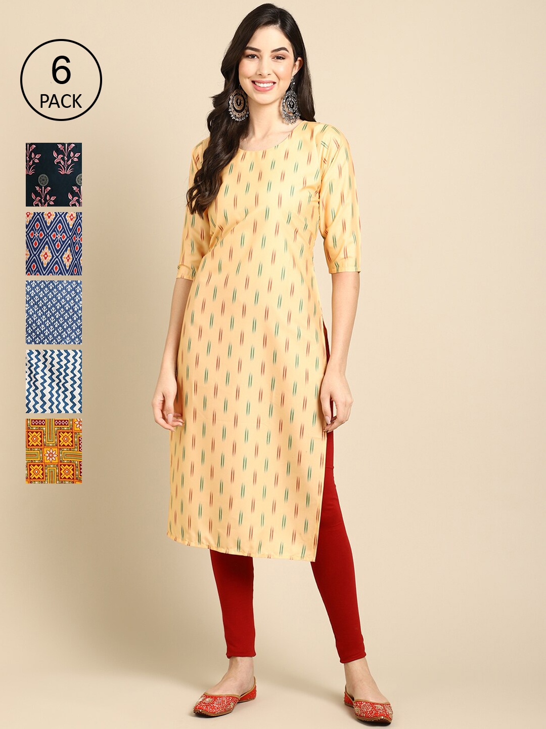 

7Threads Pack of 6 Women Yellow & Blue Geometric Printed Summer Sheers Crepe Kurta