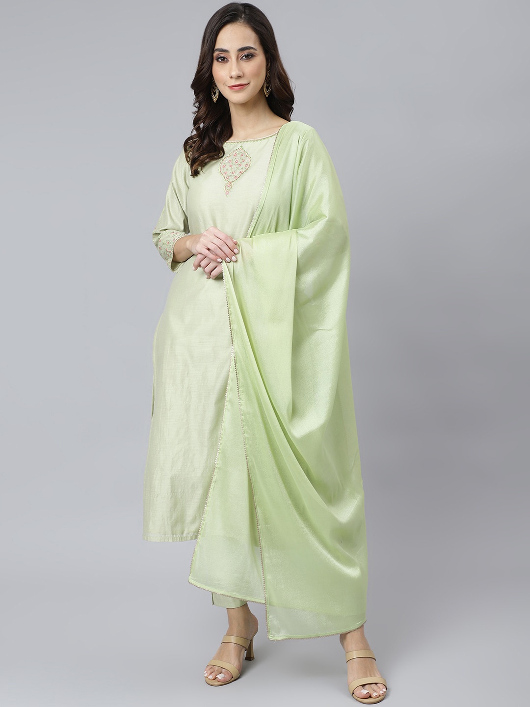 

Janasya Women Sea Green Poly Silk Solid Kurta with Trousers & Dupatta