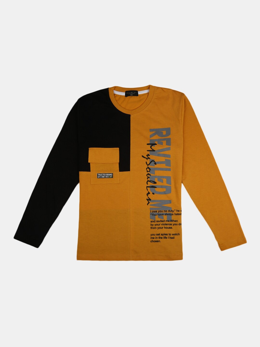 

V-Mart Boys Mustard Yellow Typography Printed Henley Neck T-shirt