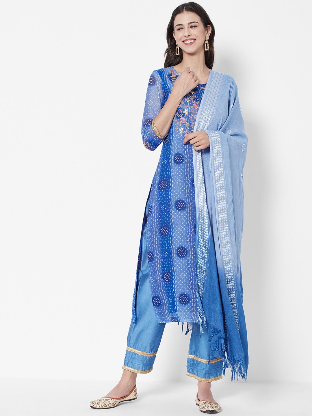 

HEEPOSH Women Blue Bandhani Embroidered Kurta with Trousers & With Dupatta