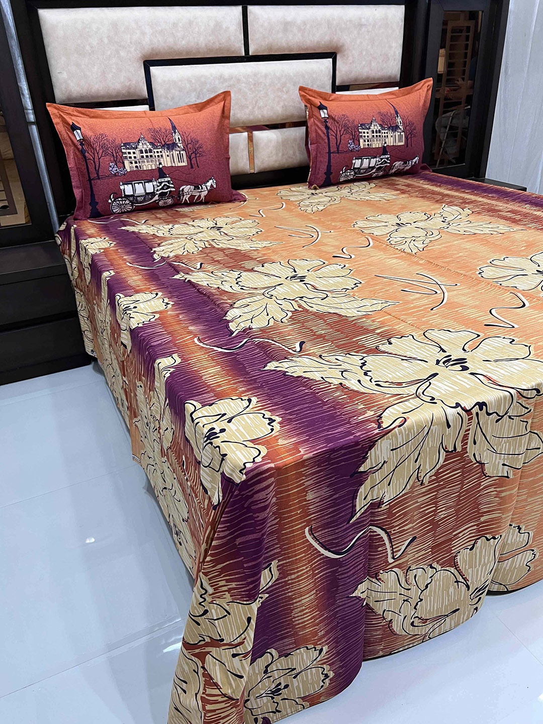 

Pure Decor Orange & Purple Floral 380 TC King Bedsheet with 2 Pillow Covers