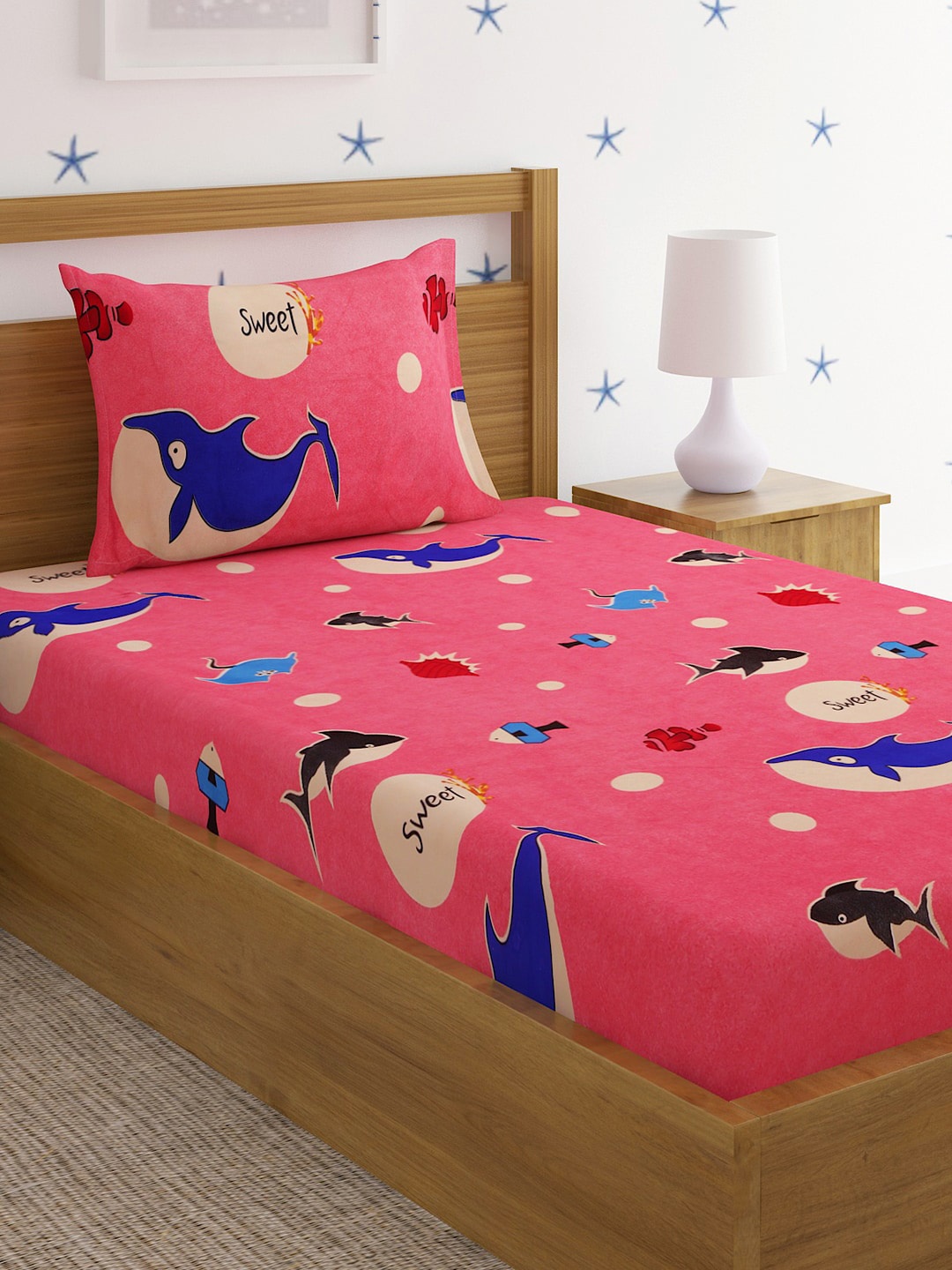 

SOKNACK Pink & Blue Conversational 300 TC Single Bedsheet with 1 Pillow Covers