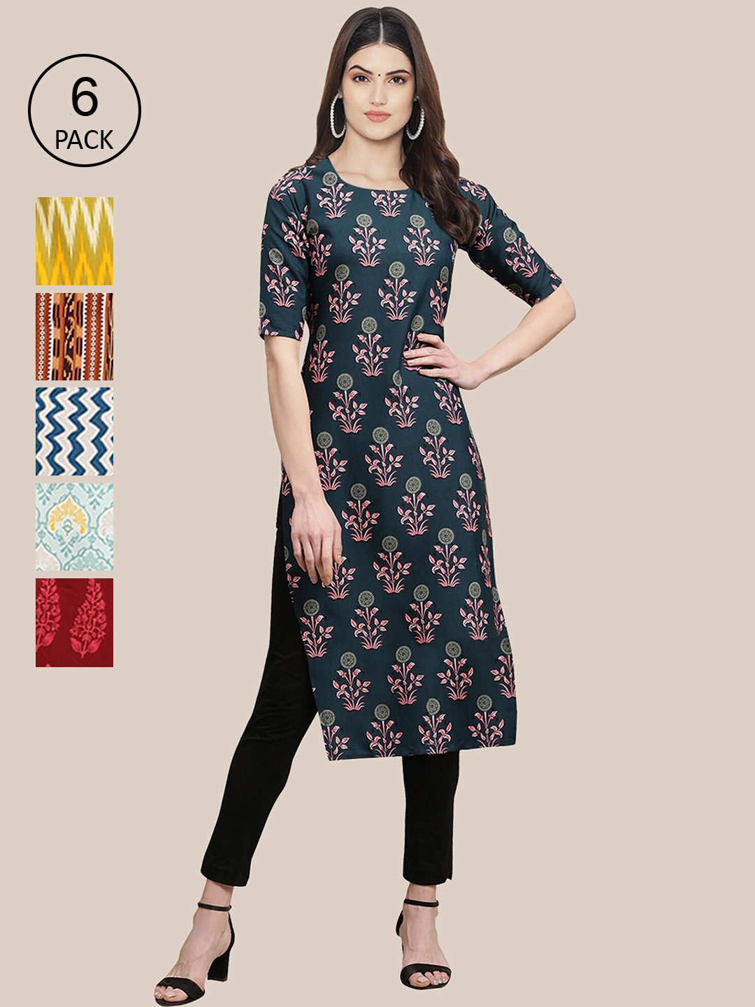 

7Threads Women Pack of 6 Women Printed Straight Crepe Kurta, Multi