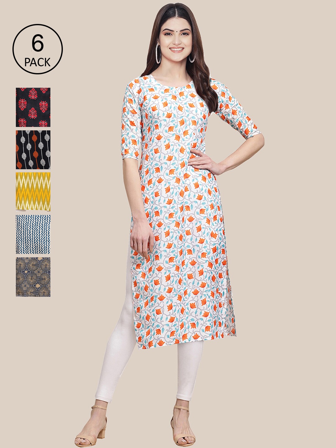 

7Threads Women Pack of 6 Printed Summer Sheers Crepe Kurta, Black