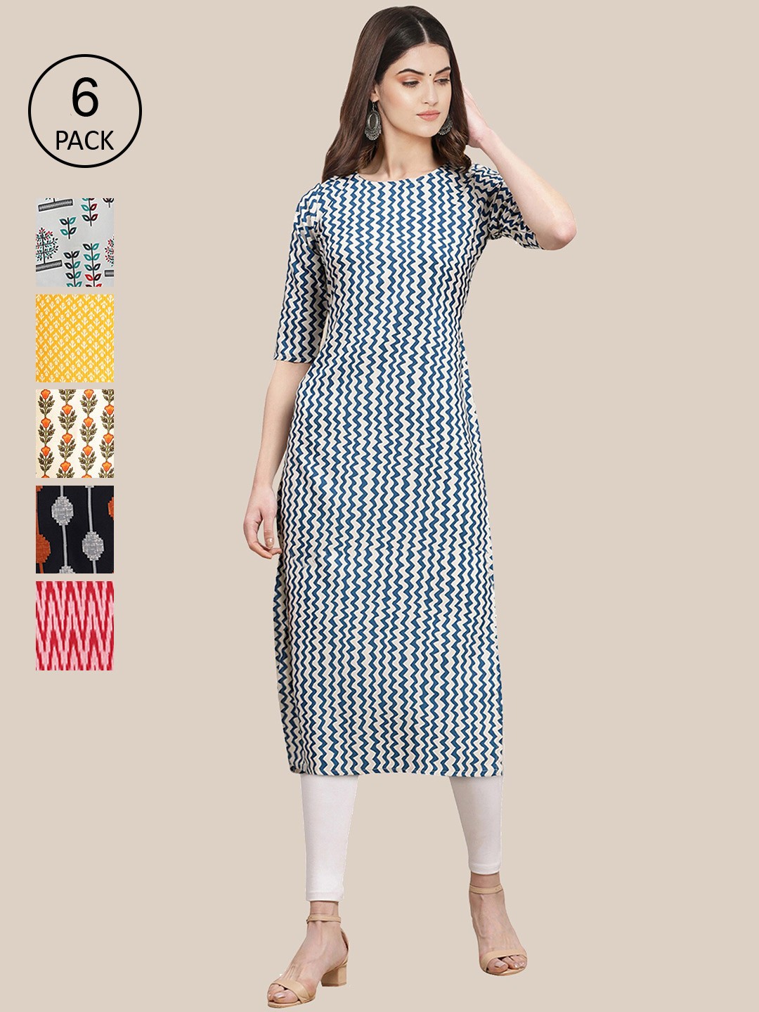 

7Threads Women Pack of 6 Ethnic Motifs Printed Summer Sheers Crepe Kurta, Yellow