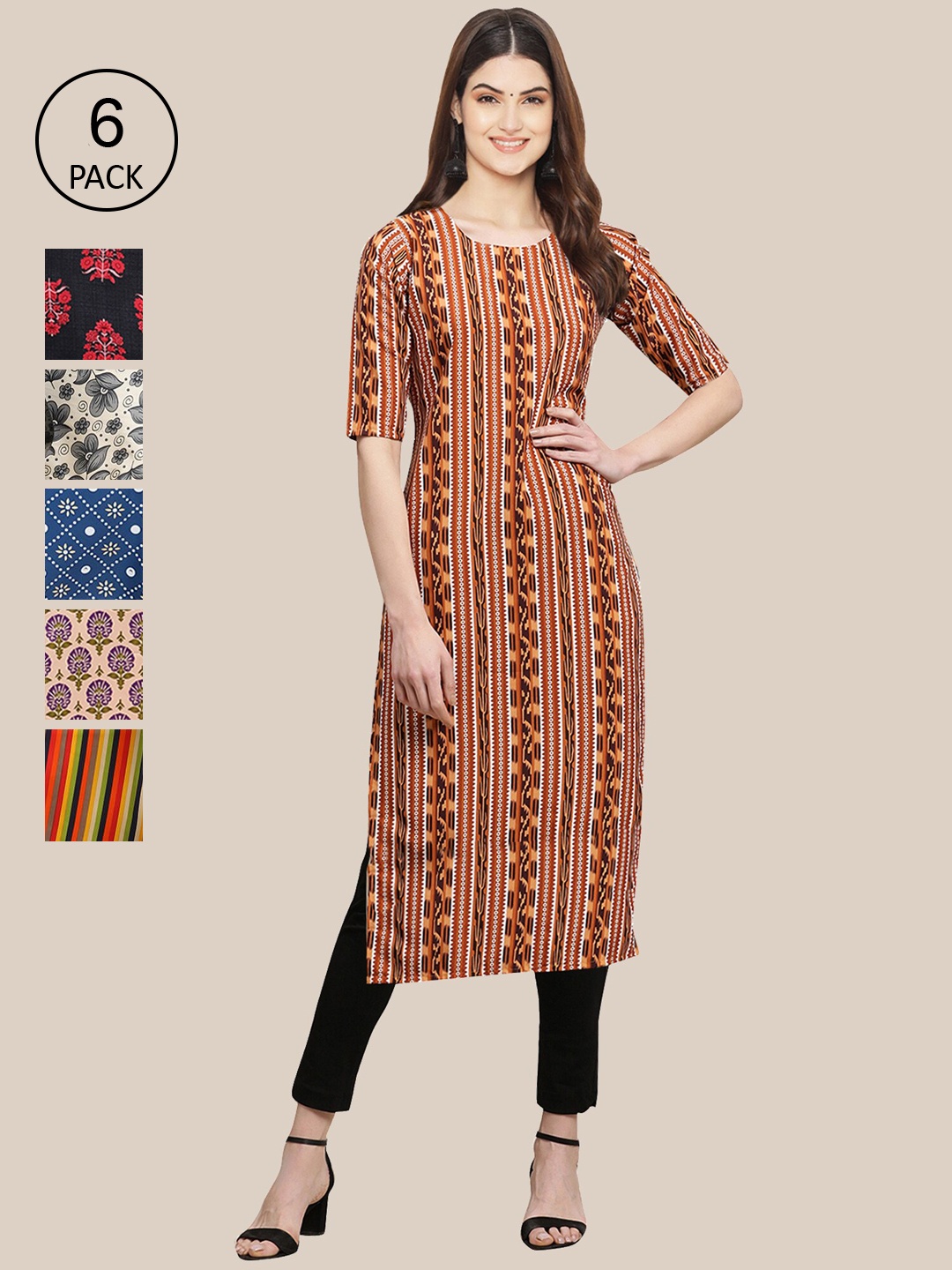 

7Threads Women Pack of 6 Geometric Printed Block Print Crepe Kurta, Brown