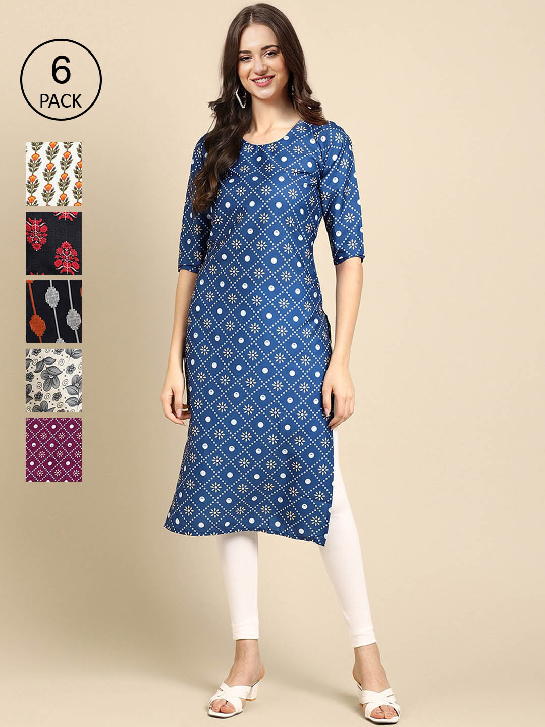 

7Threads Women Pack of 6 Printed Summer Sheers Crepe Kurta, Blue