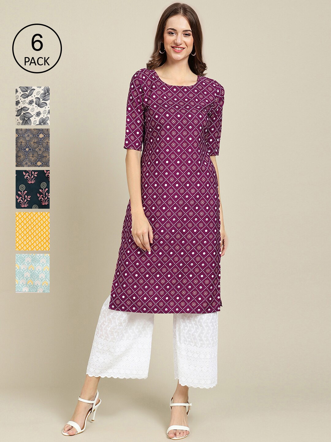 7Threads Women Pack Of 6 Floral Printed Crepe Kurta, Multi