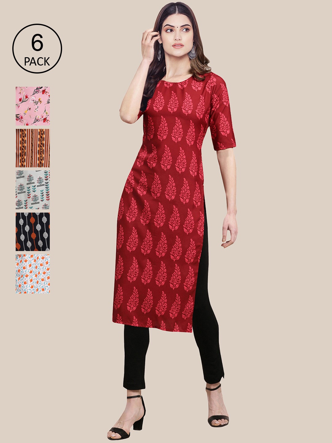 

7Threads Women Pack of 6 Digital Printed Crepe Straight Kurtas, Red