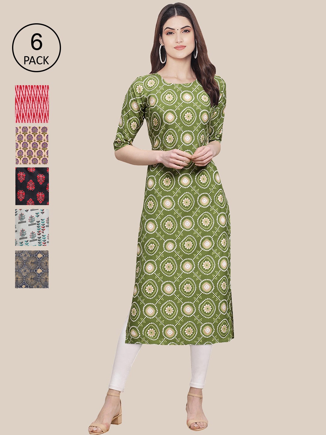 

7Threads Women Set Of 6 Green & Pink Ethnic Motifs Printed Crepe Kurta
