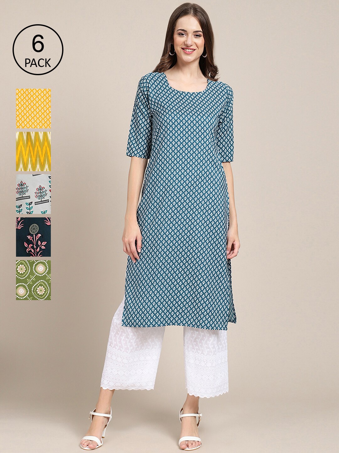 

7Threads Women Pack of 6 Ethnic Motifs Printed Crepe Kurta, Multi