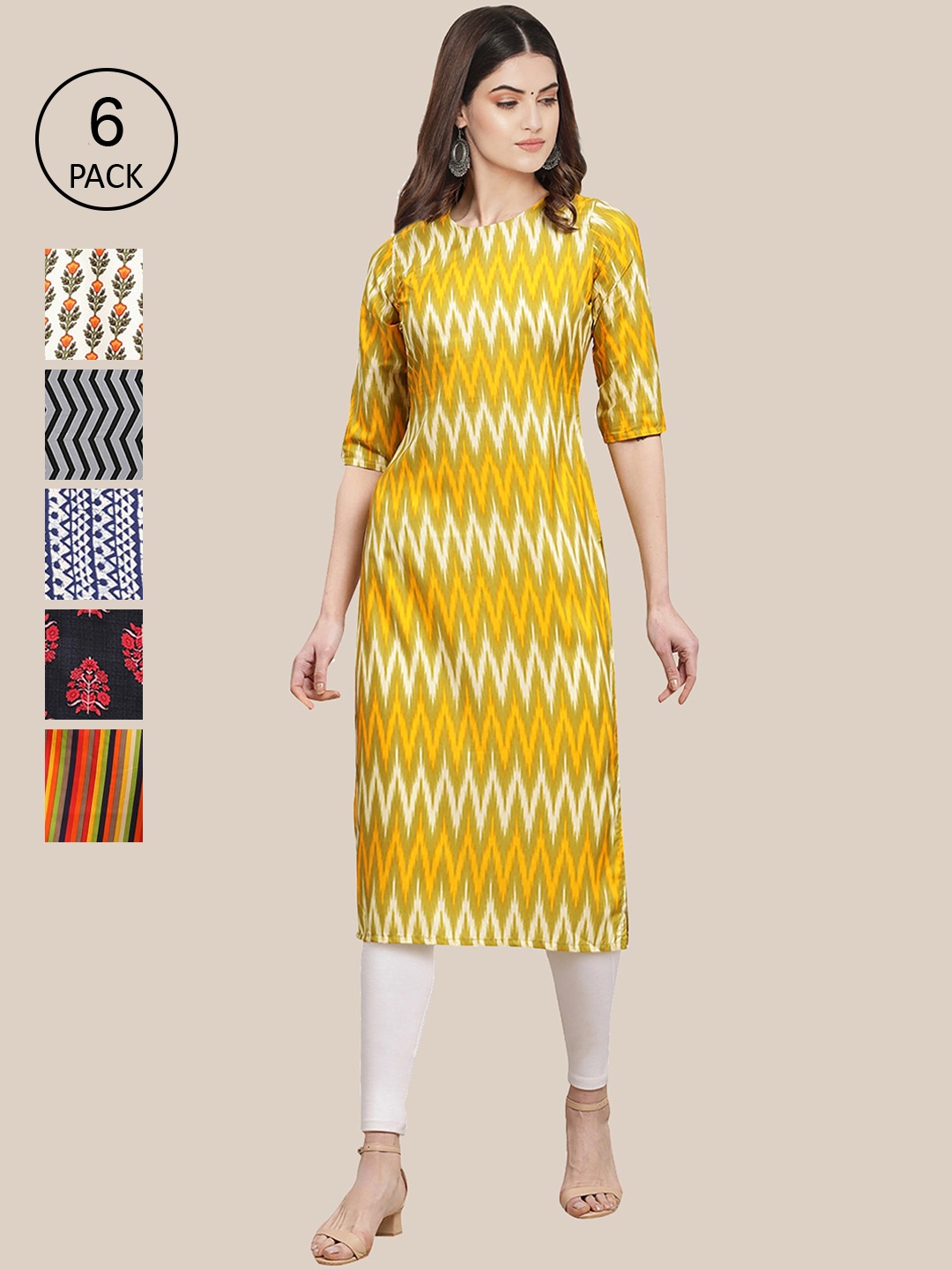7Threads Women Pack Of 6 Geometric Printed Crepe Kurta, Yellow