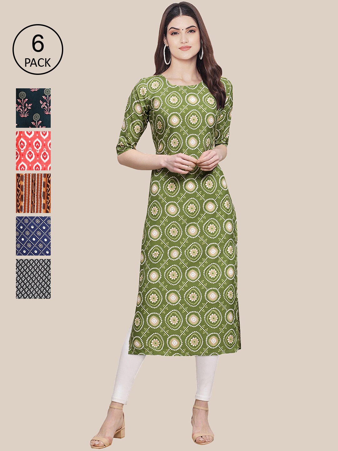 

7Threads Women Pack of 6 Geometric Printed Crepe Kurta, Green