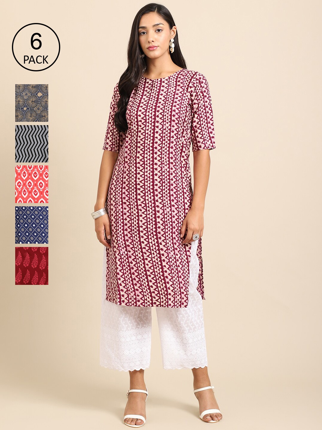 

7Threads Women Multicoloured Pack of 6 Geometric Printed Crepe Kurta, Multi