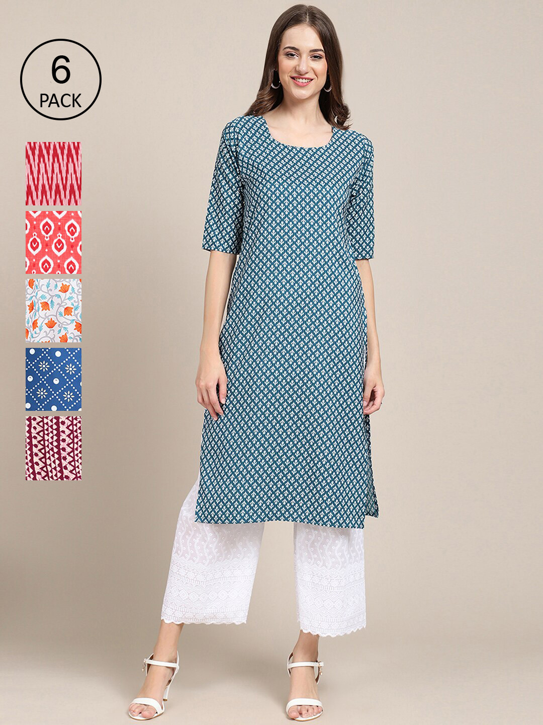 

7Threads Women Multicoloured Pack of 6 Digital Printed Straight Kurta, Multi