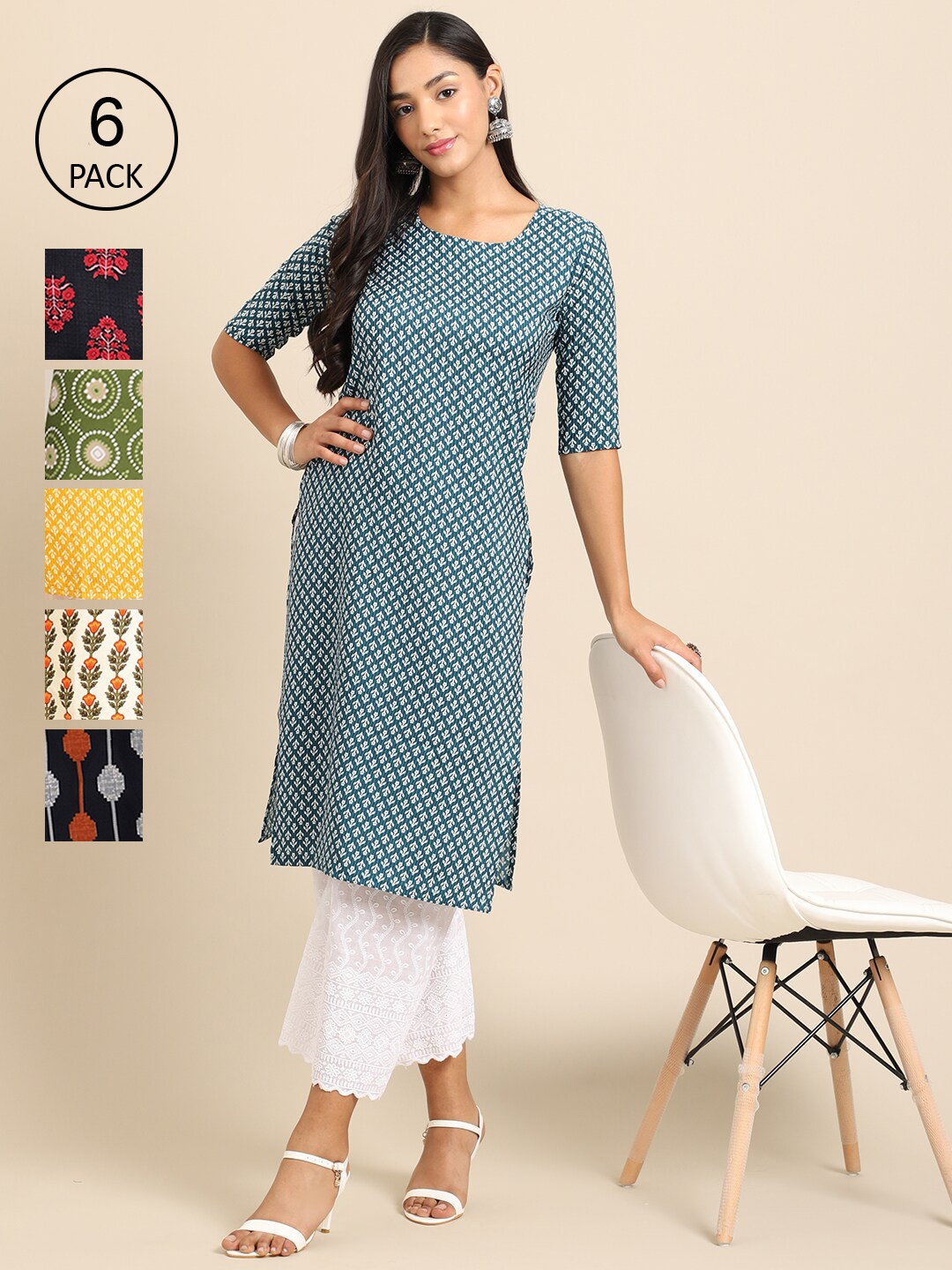 

7Threads Women Blue & Black Pack Of 6 Geometric Summer Sheers Crepe Kurta