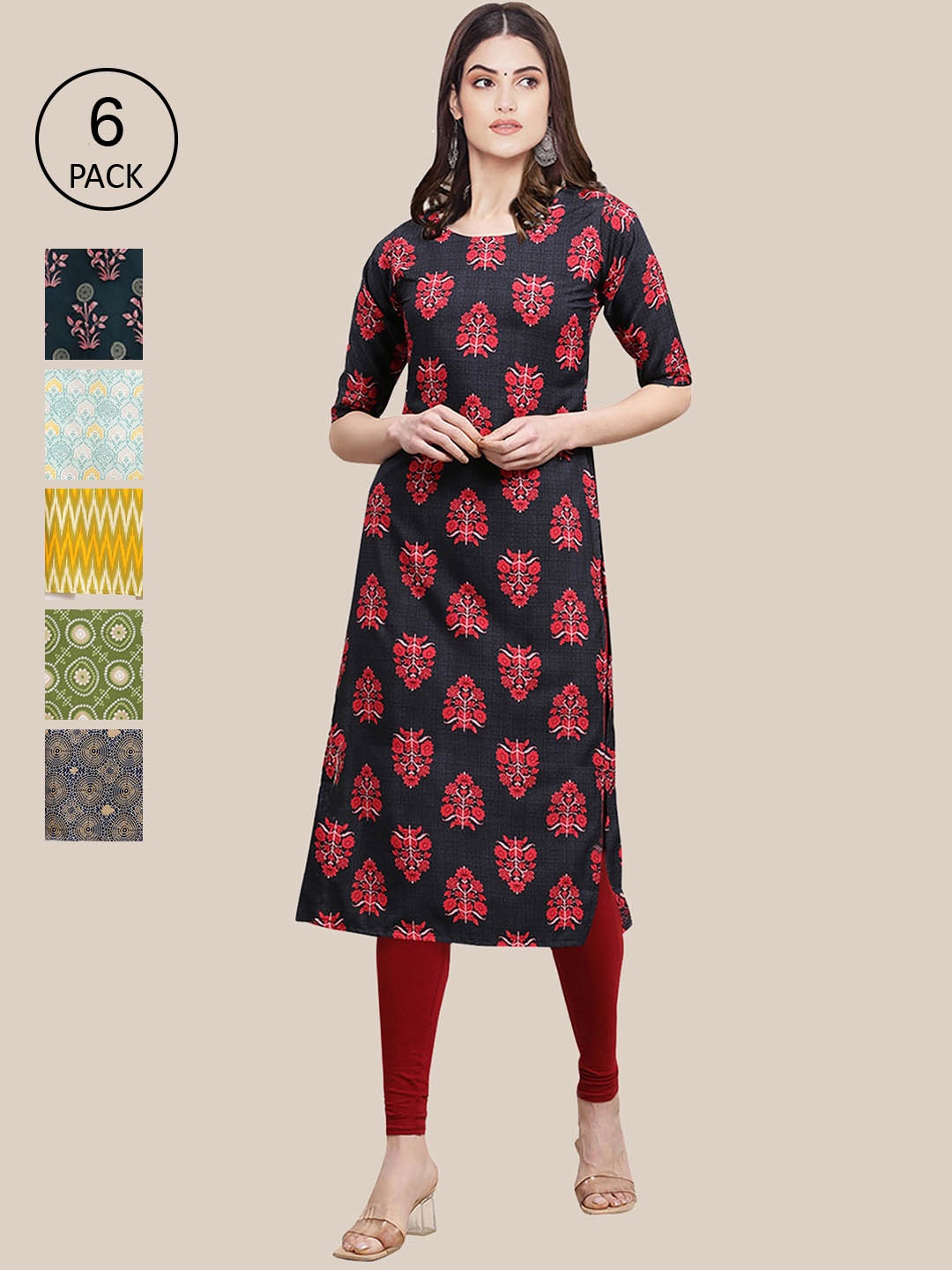 7Threads Women Red & Yellow Pack of 6 Ethnic Motifs Printed Crepe Kurtas