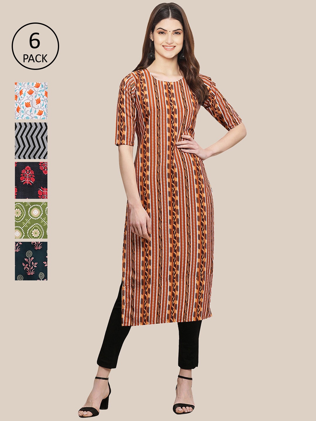 

7Threads Women Pack of 6 Printed Crepe Kurtas, Multi