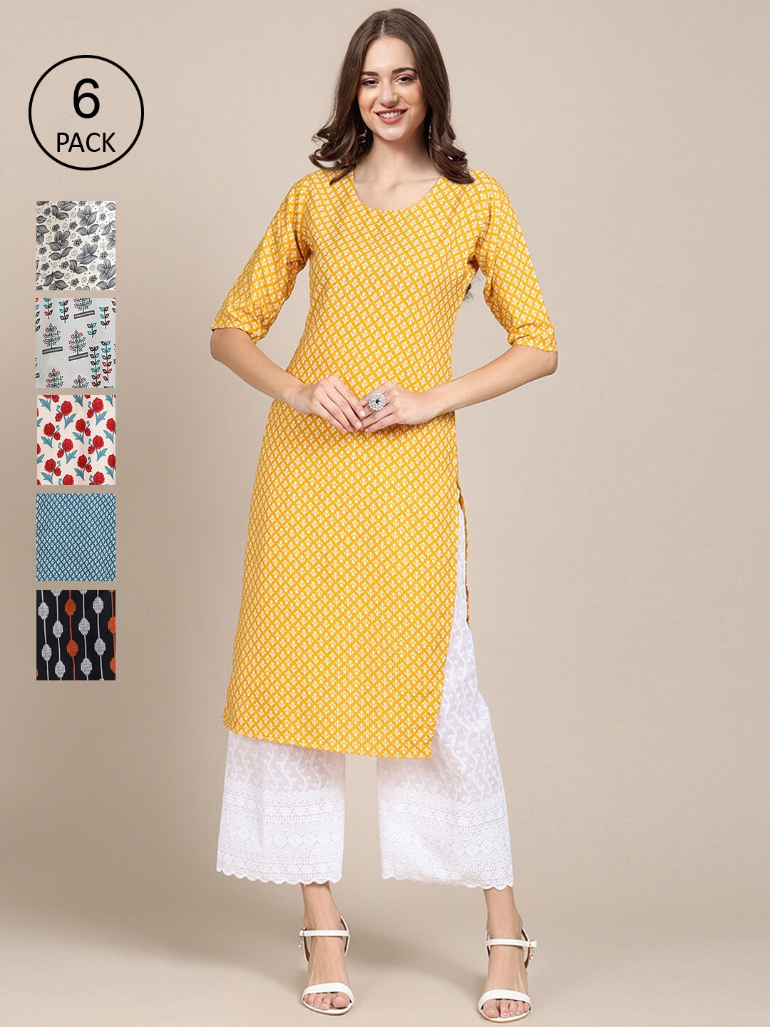 

7Threads Women Pack Of 6 Printed Crepe Kurta, Multi