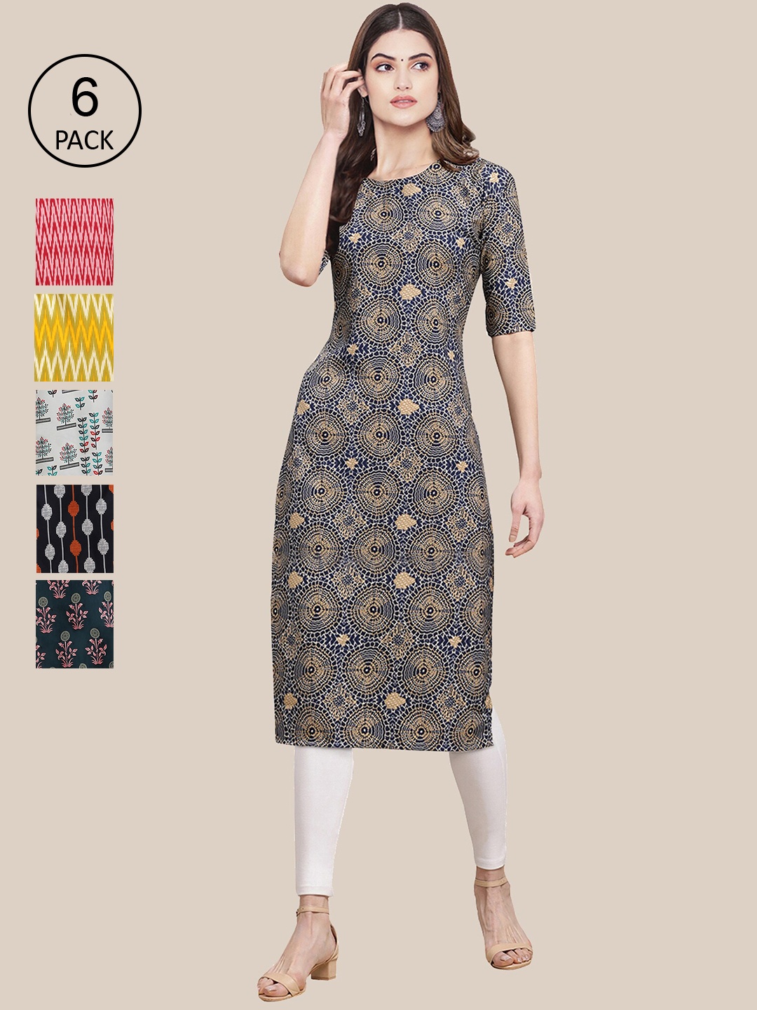 

7Threads Women's Crepe Multi Color Digital Printed Straight Kurta [PACK OF 6]