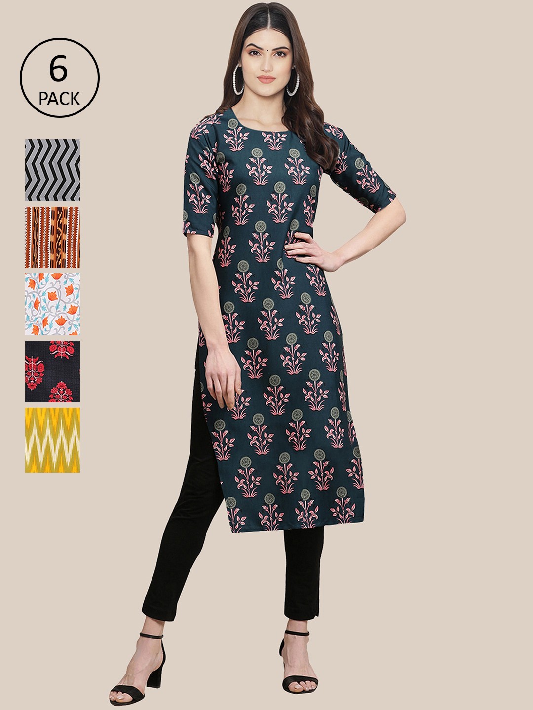 

7Threads Women Pack of 6 Digital Printed Crepe Straight Kurtas, Green
