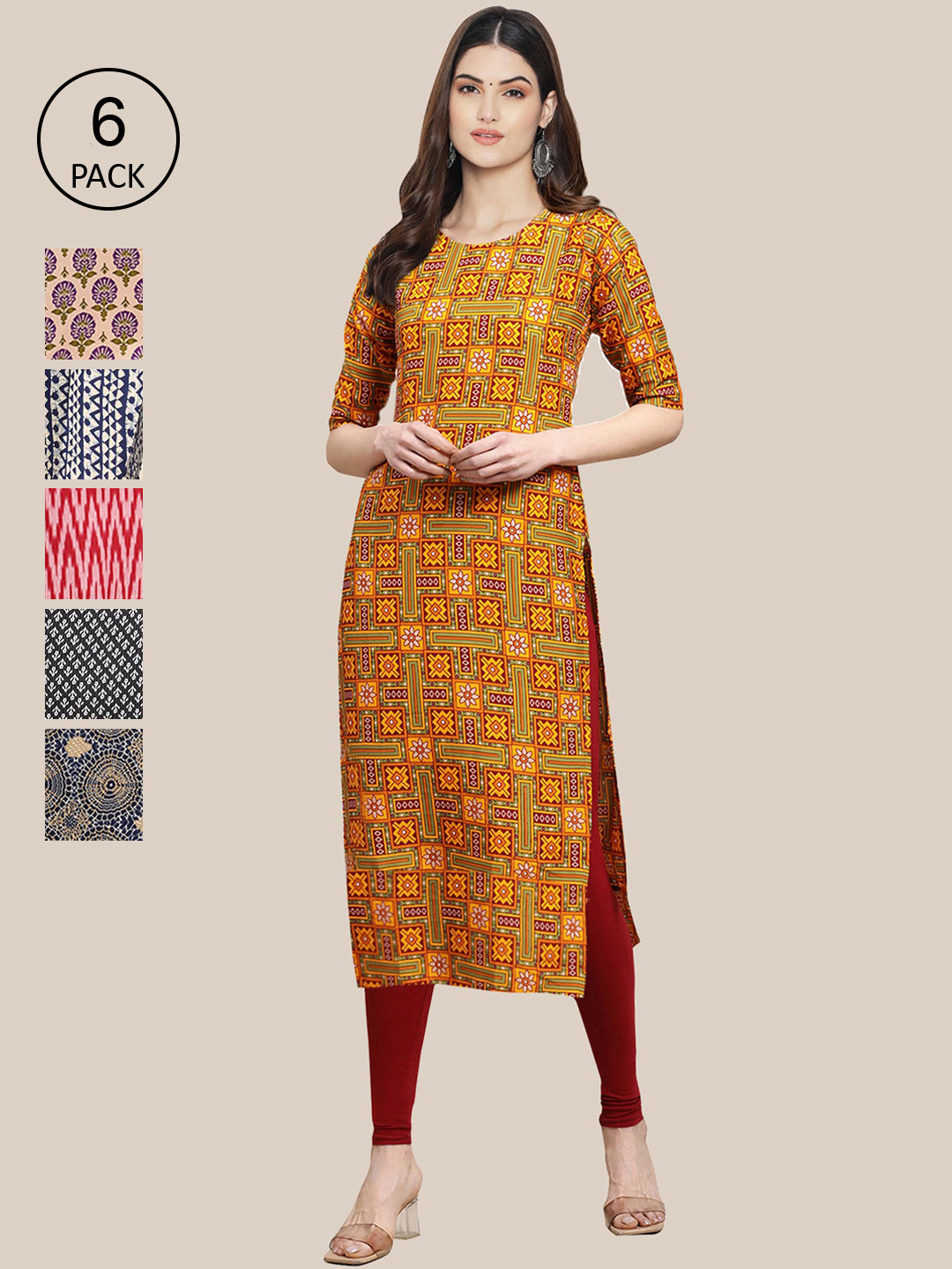

7Threads Women Pack Of 6 Multicoloured Ethnic Motifs Printed Crepe Kurta, Multi