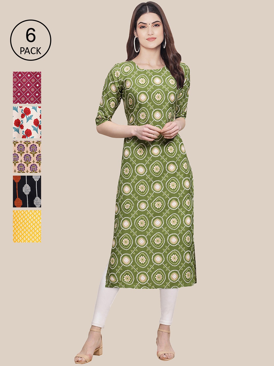 

7Threads Women Pack Of 6 Geometric Checked Crepe Kurta, Green