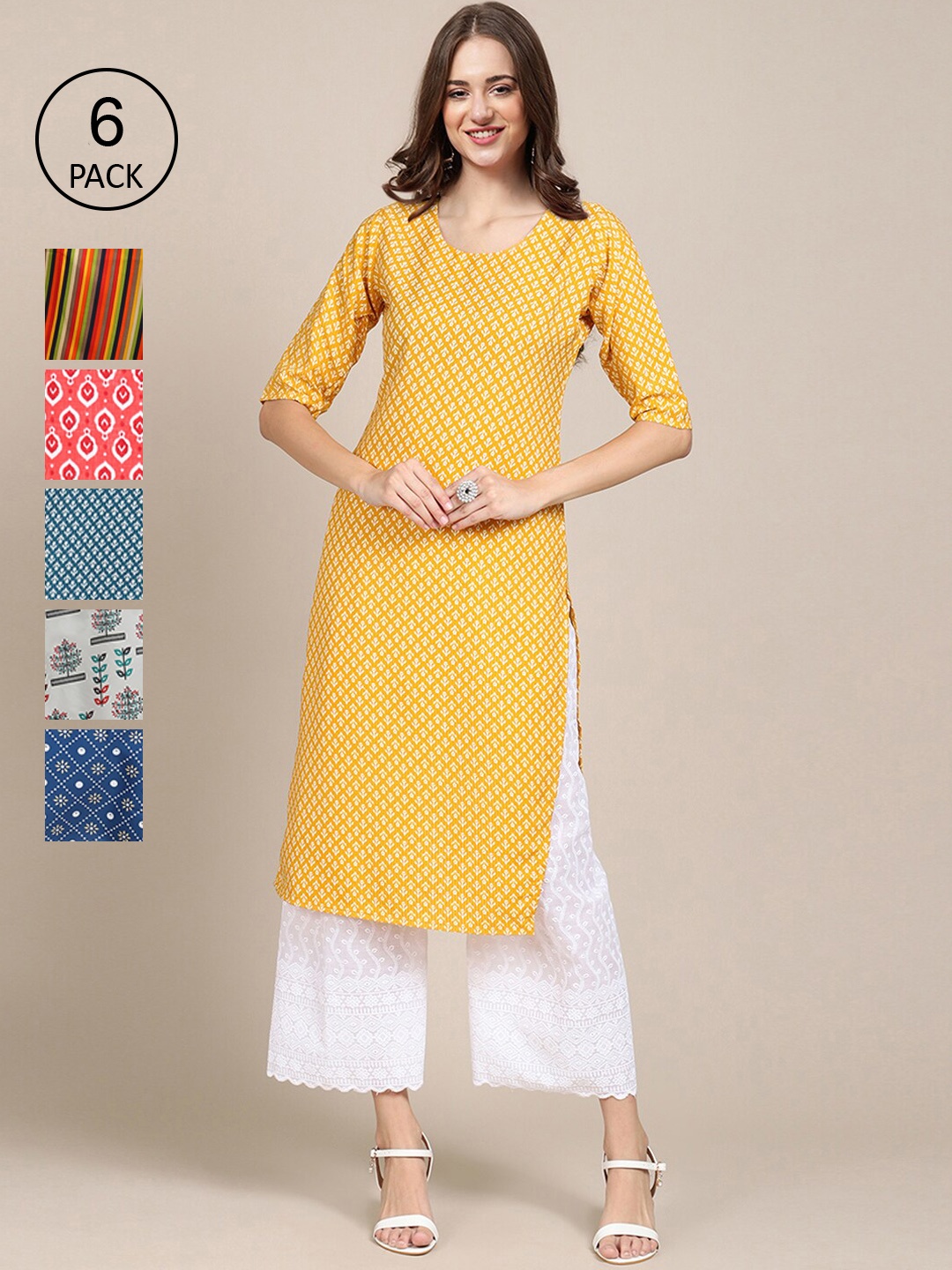 

7Threads Women Pack of 6 Ethnic Motifs Printed Summer Sheers Crepe Kurta, Yellow