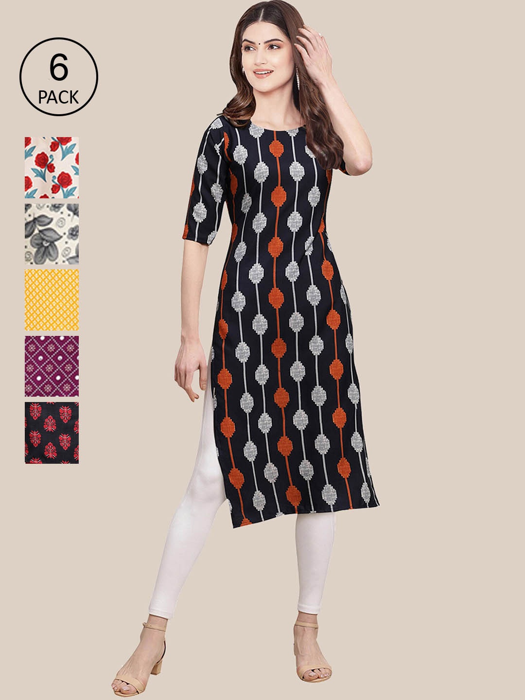 7Threads Women Pack of 6 Black & White Ethnic Motifs Printed Crepe Kurta