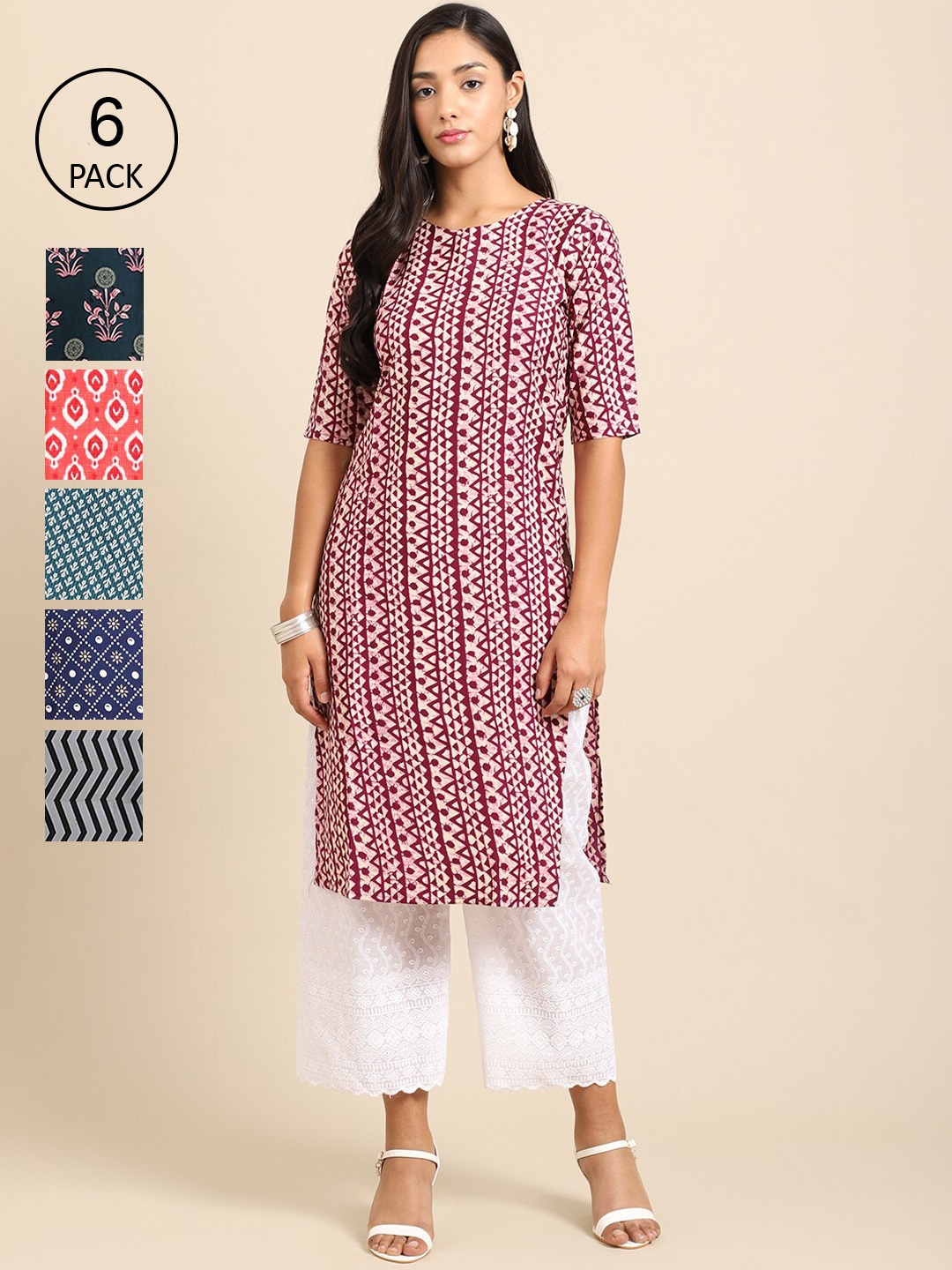 

7Threads Women Pack Of 6 Printed Crepe Kurta, Maroon