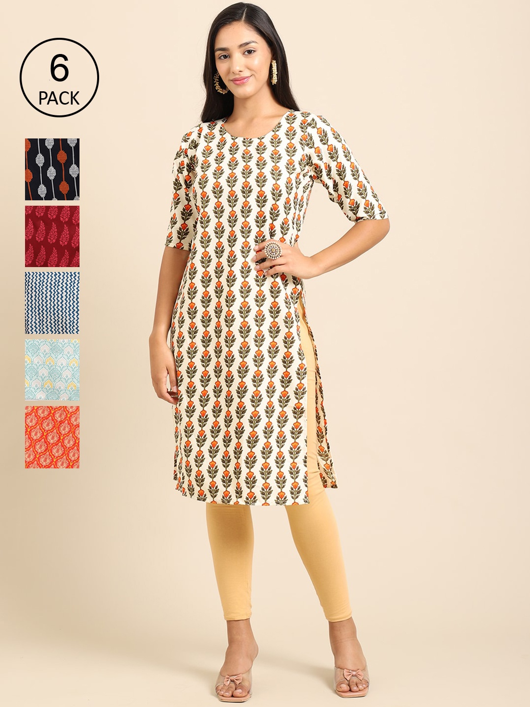 

7Threads Women Pack of 6 Ethnic Motifs Printed Summer Sheers Crepe Kurta, Beige