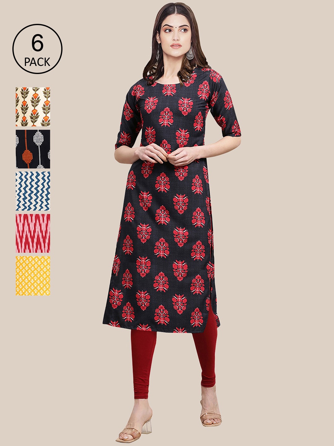 

7Threads Women Pack of 6 Geometric Printed Summer Sheers Crepe Kurta, Grey