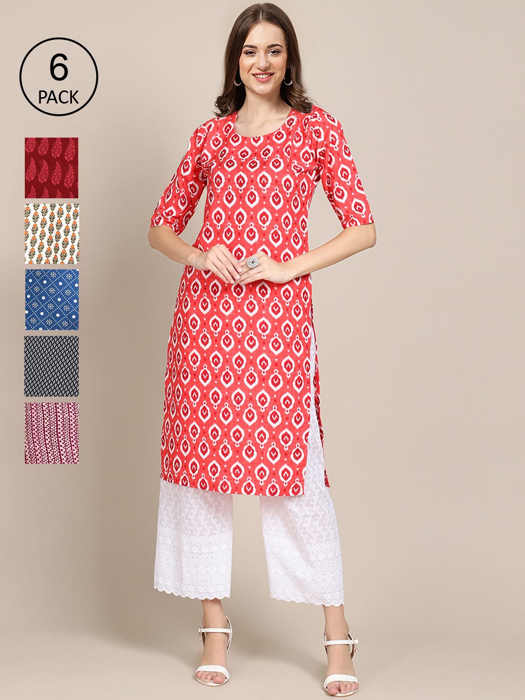 

7Threads Women Pack of 6 Printed Summer Sheers Crepe Kurta, Red