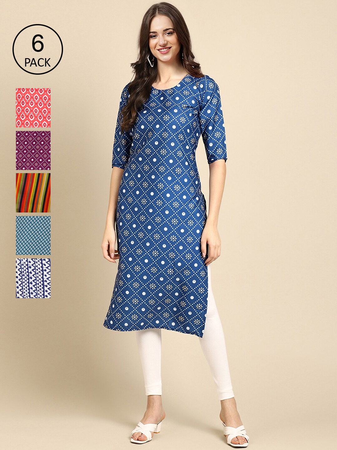 

7Threads Women Pack of 6 Digital Printed Crepe Straight Kurtas, Blue