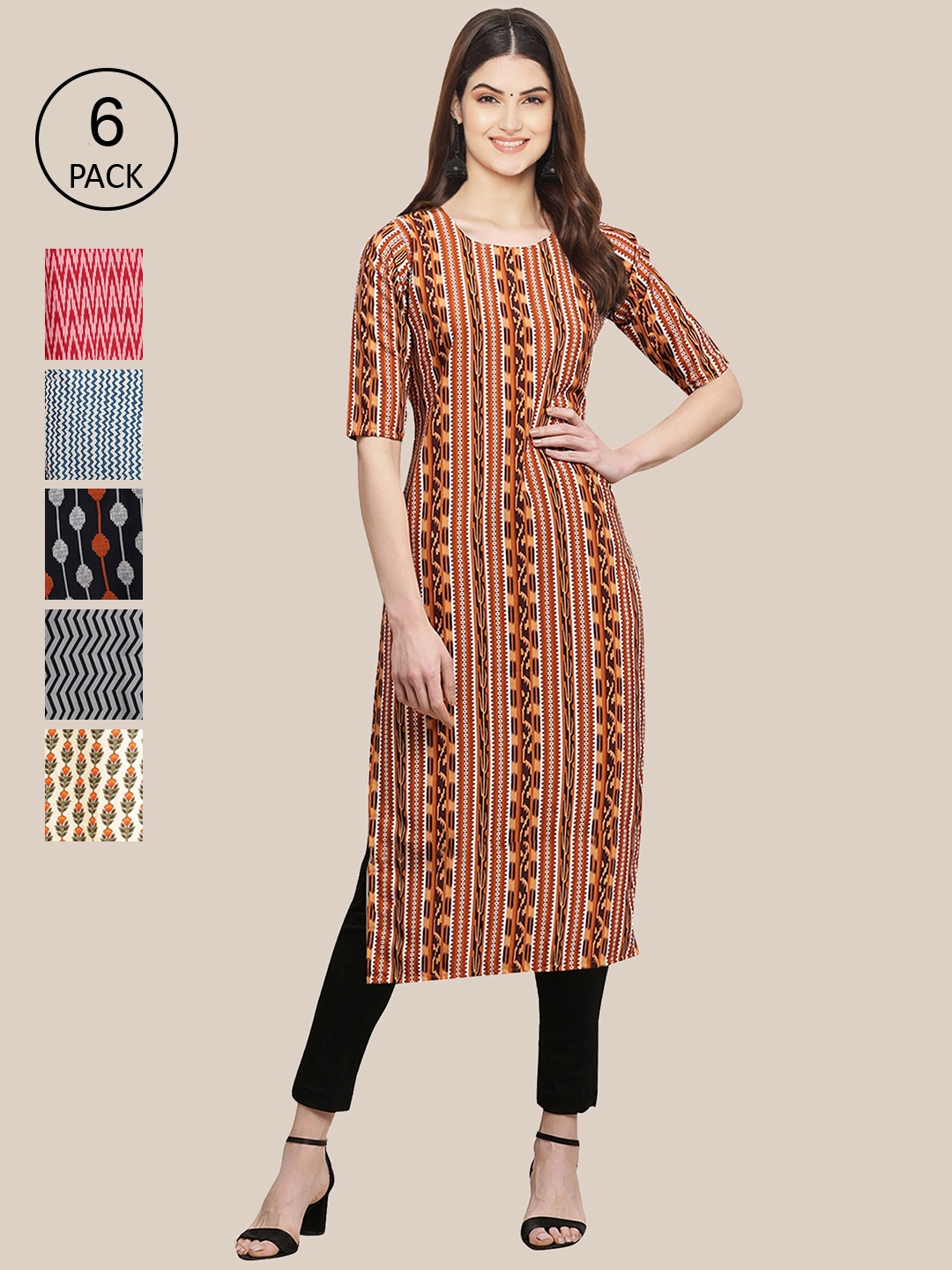 

7Threads Women Pack Of 6 Geometric Printed Crepe Kurta, Red