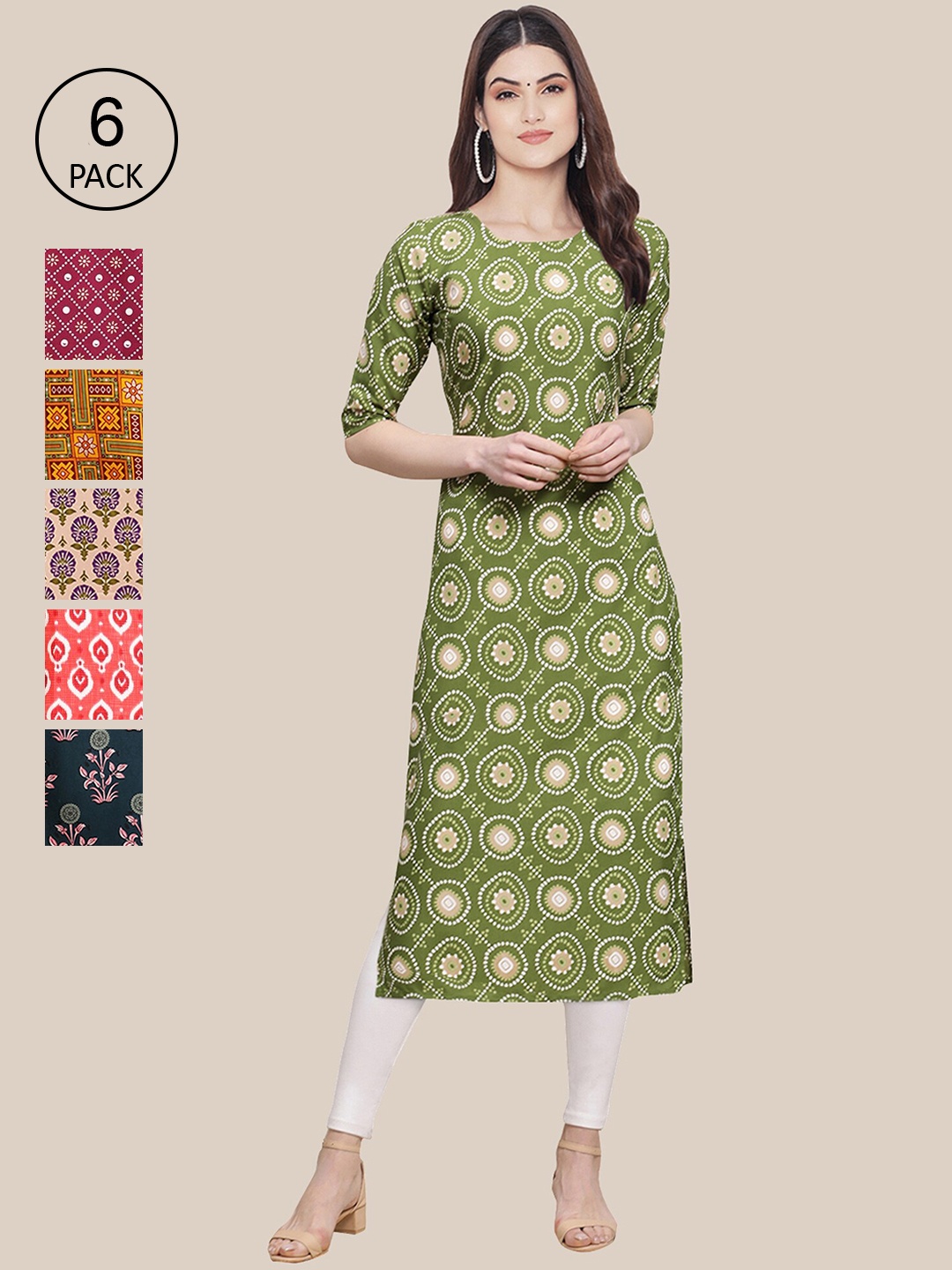 

7Threads Women Pack of 6 Women Printed Straight Crepe Kurta, Multi
