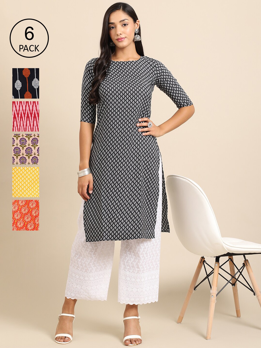

7Threads Women Pack Of 6 Floral Printed Crepe Kurta, Multi