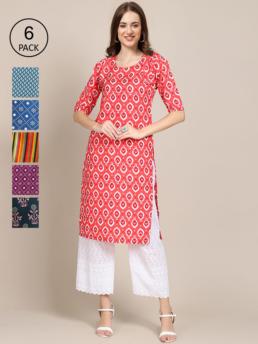 

7Threads Women Pack of 6 Ethnic Motifs Printed Crepe Kurta, Multi