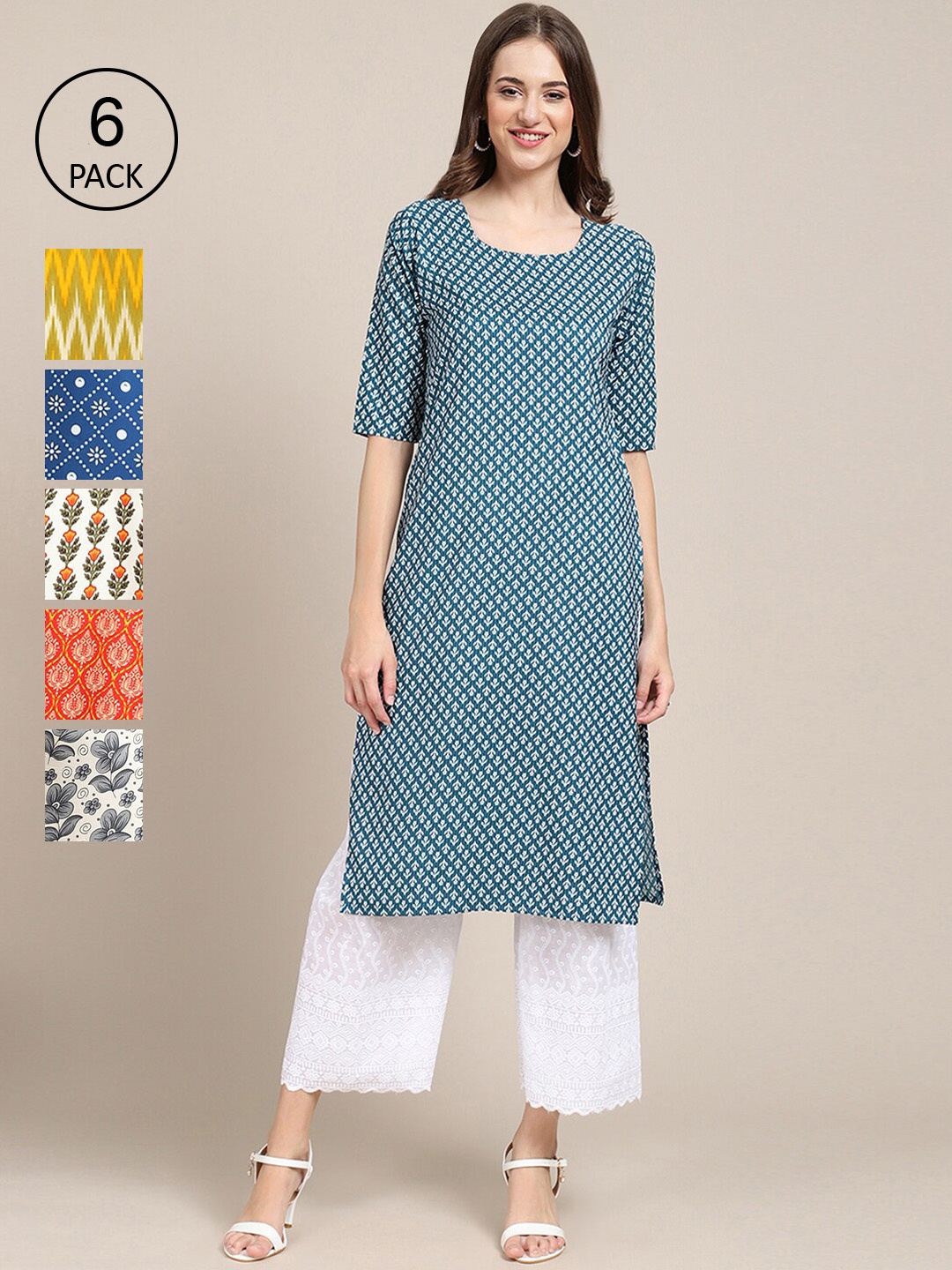 

7Threads Women Blue & Pink Pack Of 6 Geometric Printed Summer Sheers Crepe Kurta