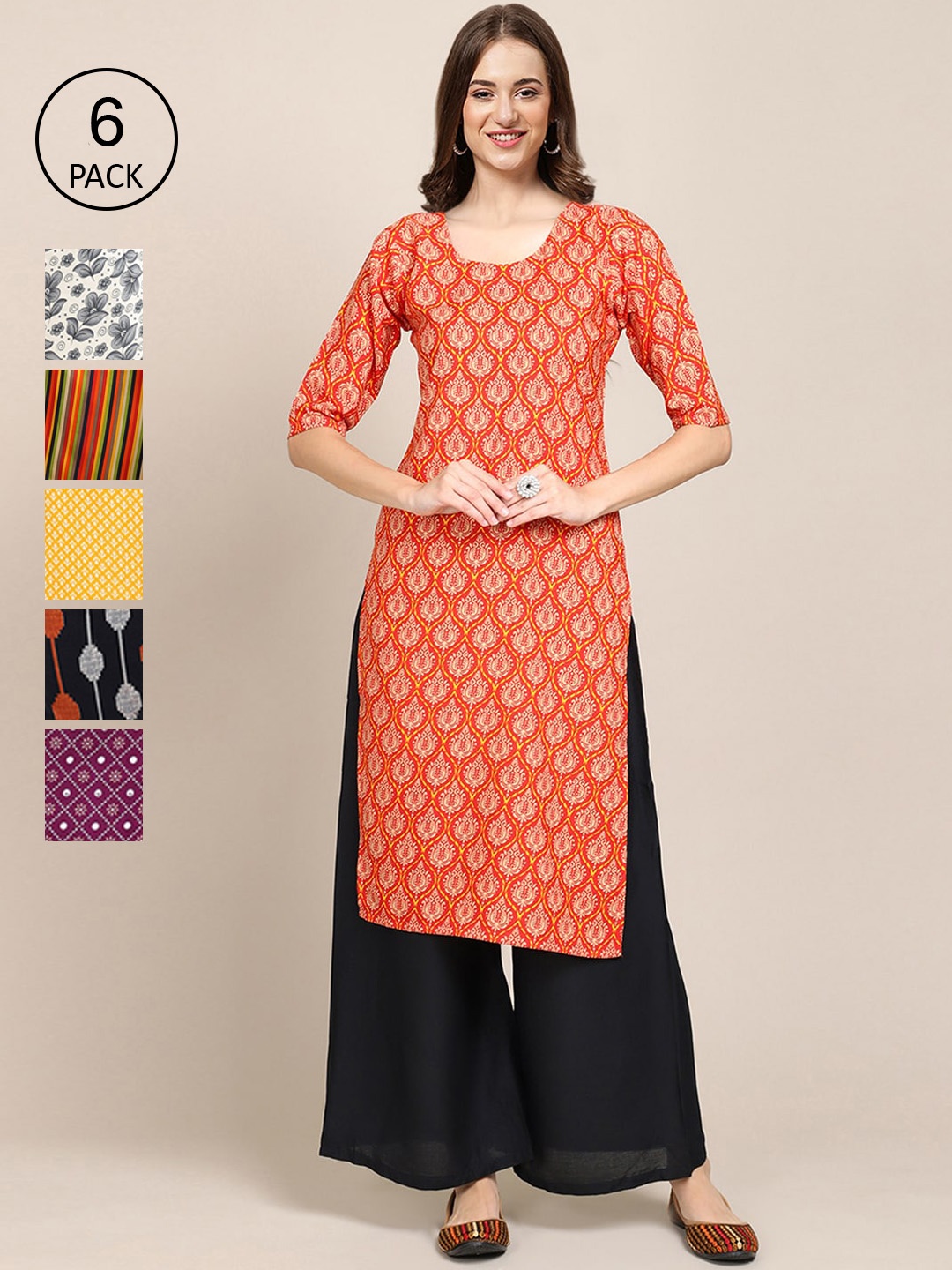 

7Threads Women Orange & Yellow Ethnic Motifs Printed Crepe Kurta