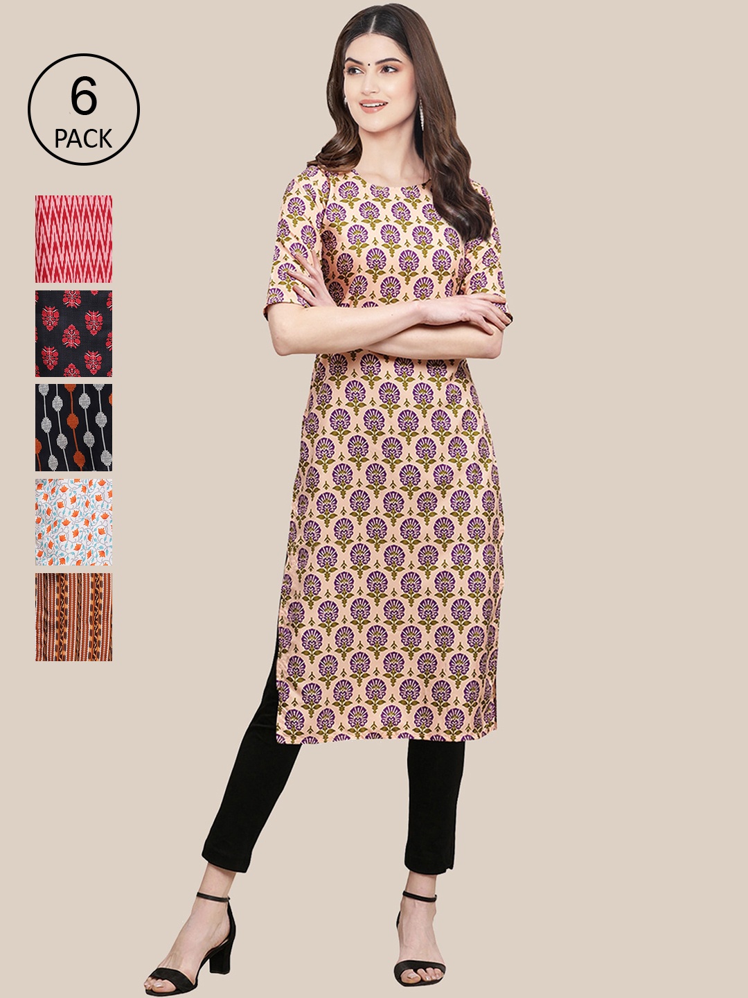 

7Threads Women Pack of 6 Printed Crepe Kurtas, Brown